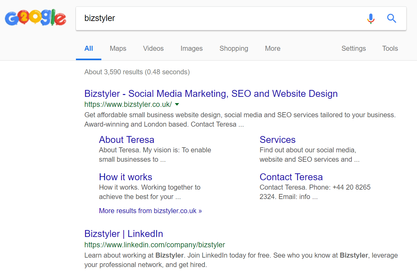 Bizstyler LinkedIn company page in Google results