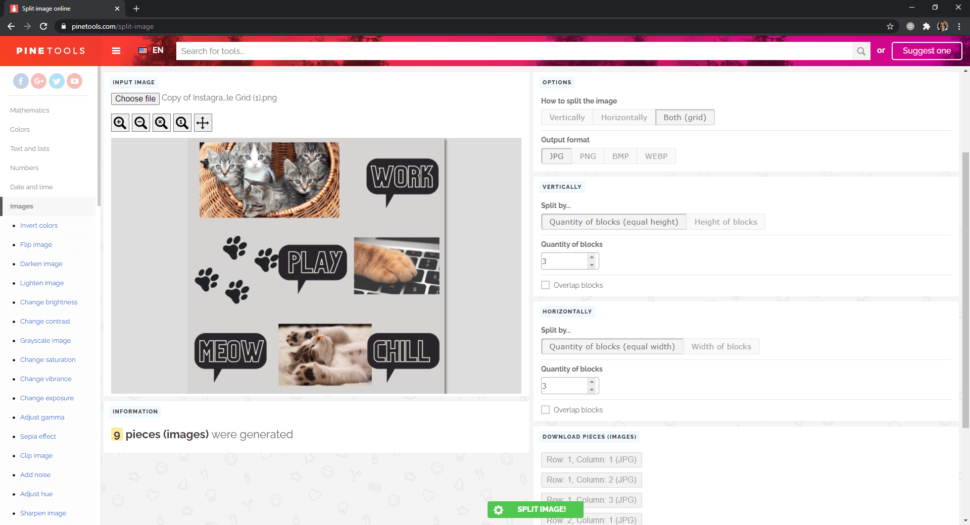 How to split image online with PineTools  Split photo into several parts  online 