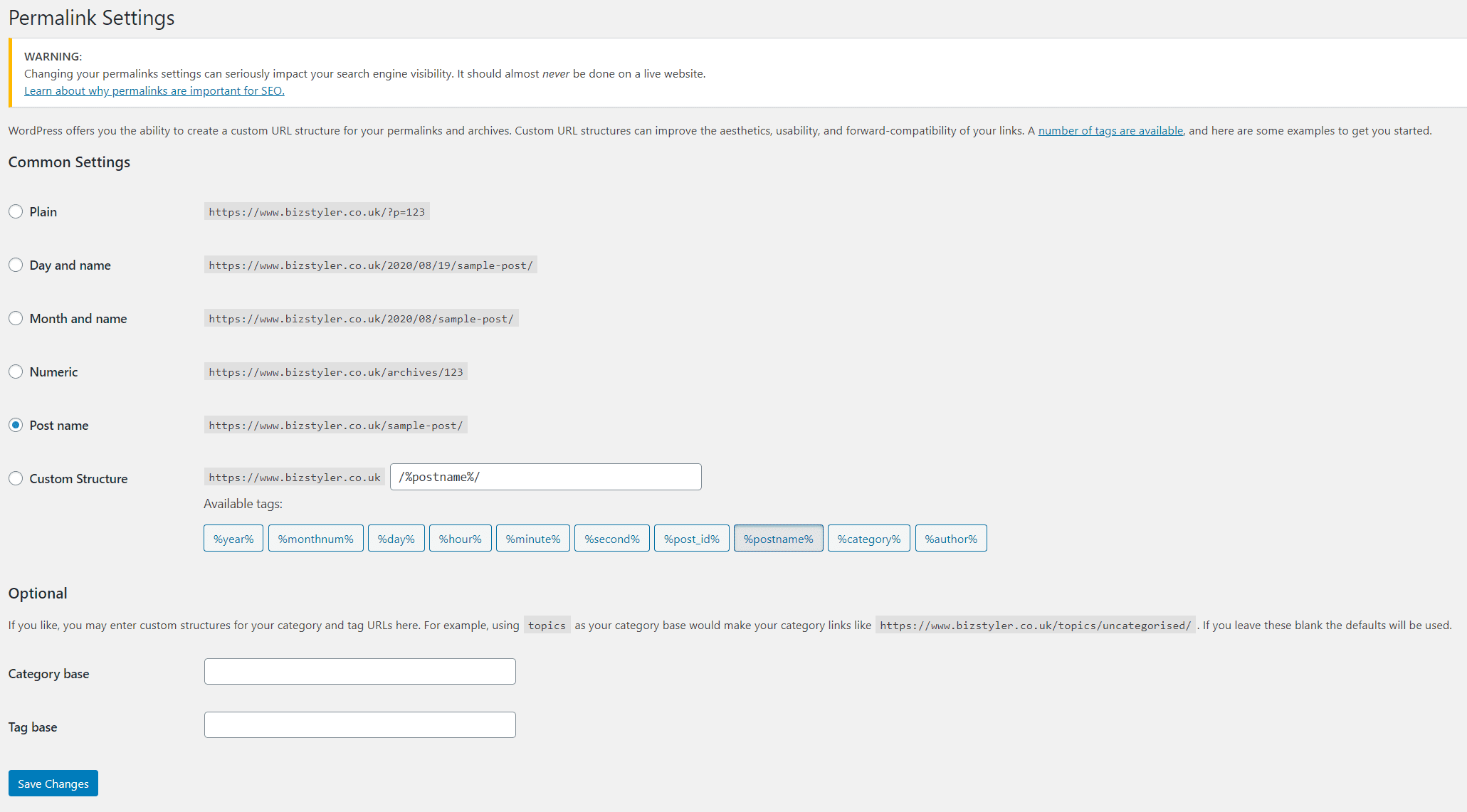 Permalink Settings in WordPress Dashboard