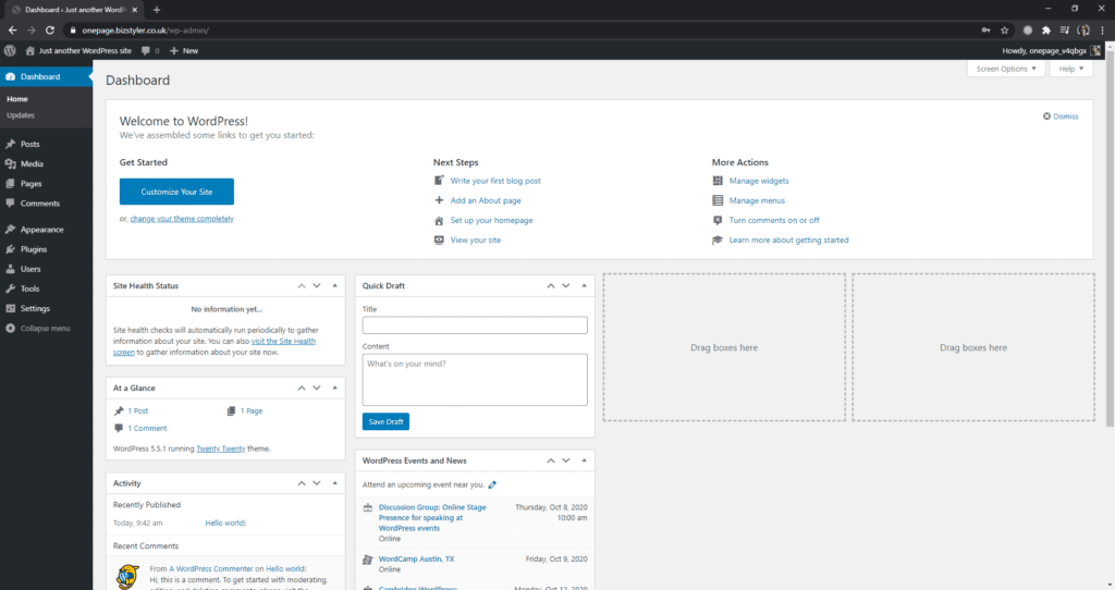 Dashboard after installing WordPress