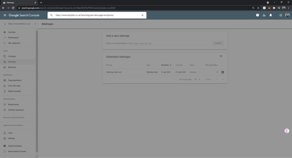 inspect url search console bizstyler