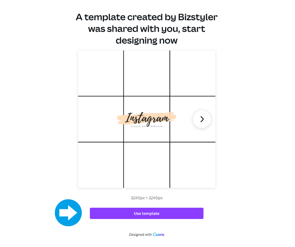 The Instagram puzzle grid canva template by Bizstyler with a Use Template button.