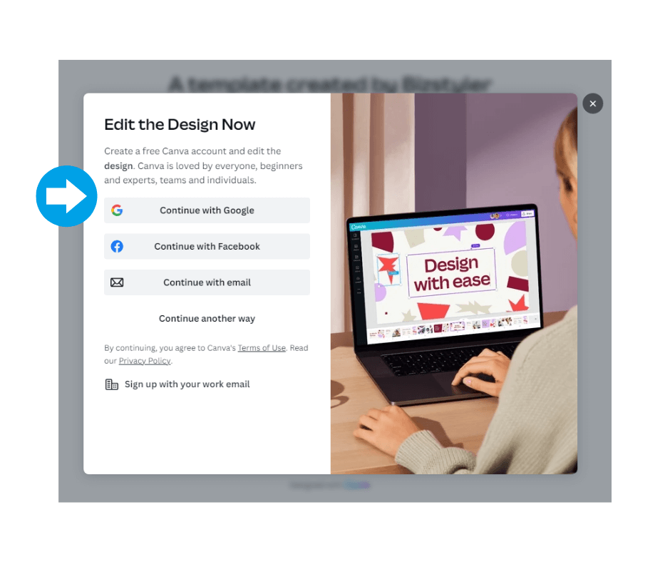 The Canva sign up or sign in dialog to use the template.